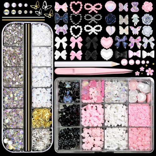 BELICEY 3D Nail Charms Set with Bows Flowers Crystals and Tools
