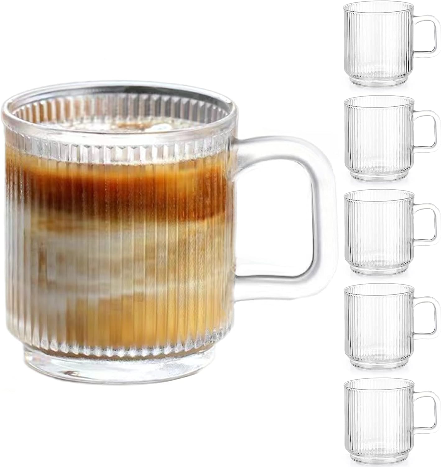 Qipecedm 12 OZ Premium Glass Coffee Mugs - Classic Vertical Stripes | Set of 6 for Hot/Cold Beverages