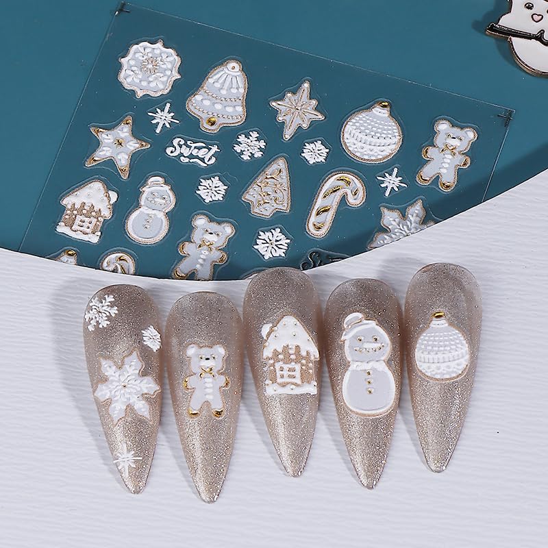5D Embossed Christmas Nail Stickers Snowman Snowflake Decals 2PCS