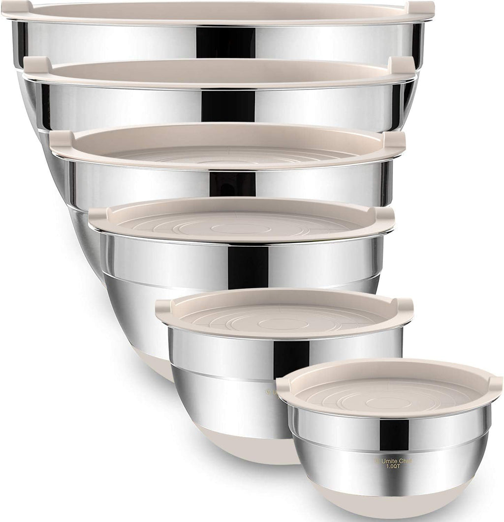Umite Chef Mixing Bowls - 6-Piece Stainless Steel Set with Airtight Lids & Non-Slip Bottoms | Khaki