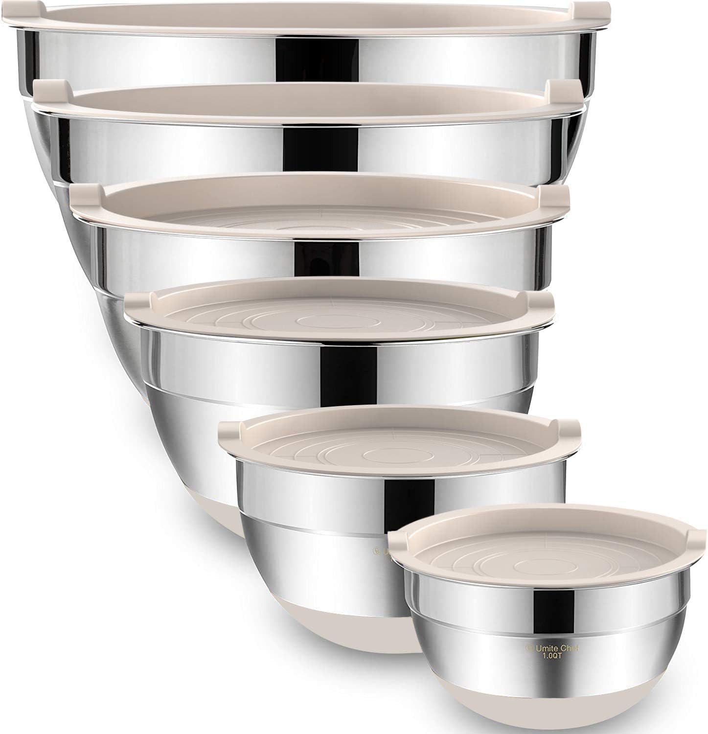 Umite Chef Mixing Bowls - 6-Piece Stainless Steel Set with Airtight Lids & Non-Slip Bottoms | Khaki