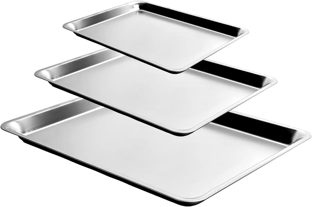 Stainless Steel 3-Piece Baking Pan Set by [Brand Name] - Oven Safe, Corrosion-Resistant, Easy to Clean | 16-Inch, 12-Inch, 9-Inch Sizes