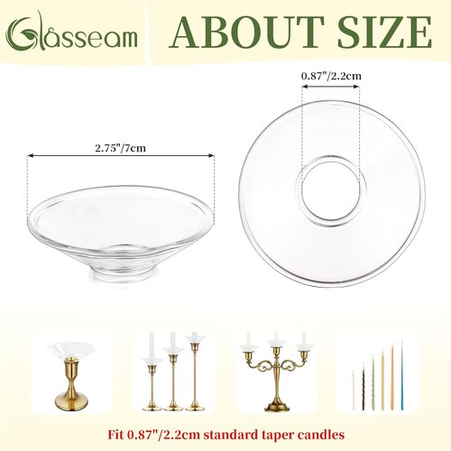 Glasseam Candle Drip Protectors - Clear Glass Bobeches for Taper Candles | Set of 12 Round Wax Catchers