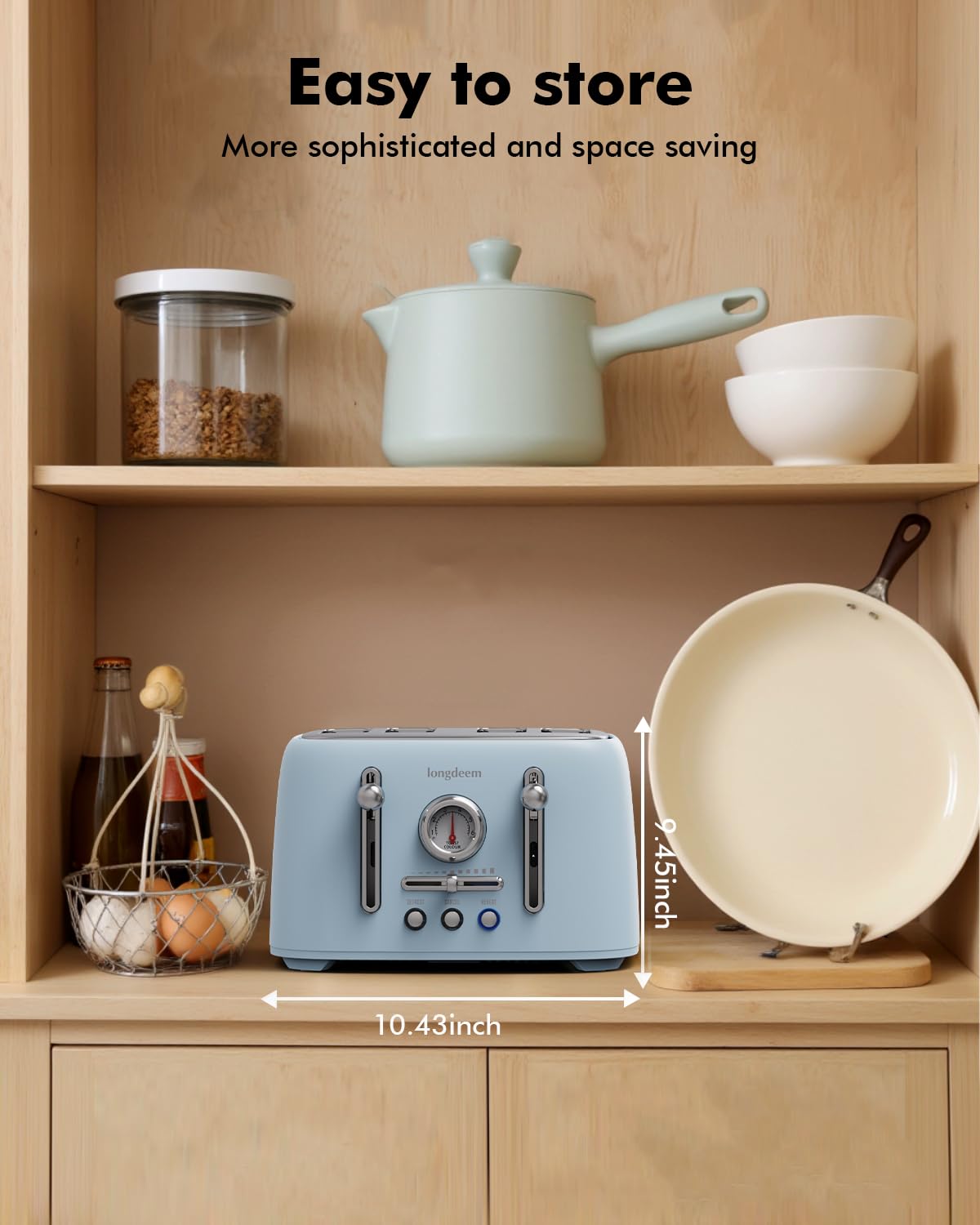 LONGDEEM 4-Slice Retro Toaster, 1.6" Extra-Wide Slots, 6 Browning Levels, Bagel/Defrost/Cancel, Stainless Steel, Compact Blue