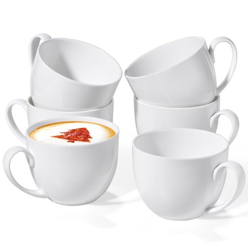 Chulan Extra Large White Bone China Cereal Mugs, 22 oz Ceramic Coffee Mug Set of 6, Latte Mugs Mocha Tea Cup, Jumbo Porcelain Soup Mugs with Big Handle for Desserts Snack, Microwave ＆ Dishwasher Safe
