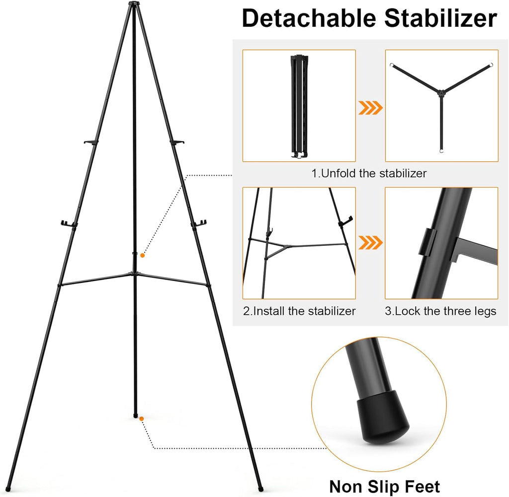 Nicpro Folding Easels - 63 Inch Metal Tripod Stand for Artists | Portable Black Display Easel (3 Pack)
