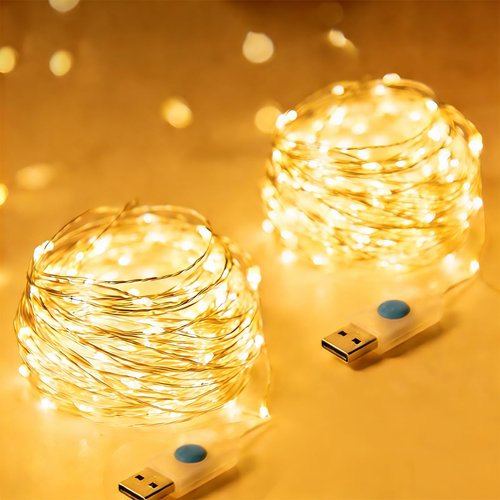 Beingreat USB Fairy Lights, 2 Pack 33Ft 100 LED, Flexible Silver Wire Mini String Lights for Bedroom Wedding Christmas Decor, DIY Crafting, Warm White