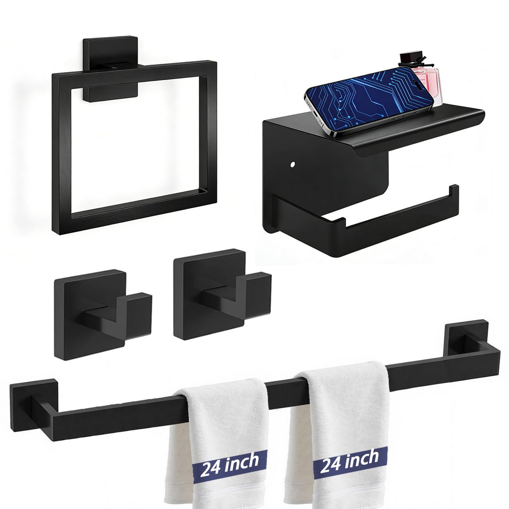 24 Inch Bathroom Hardware Set, 5-Pieces Matte Black Bathroom Accessories Set, Stainless Steel Towel Rack Set, Towel Bar, Towel Hooks, Updated Toilet Paper Holder with Shelf Wall Mounted