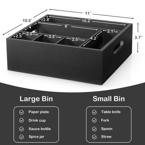 GCWSTJK Wood Utensil Holder for Party, 6-Compartment Paper Plate Organizer with Handles, Wooden Silverware Caddy for Picnic, Camping, BBQ, Buffet, and Kitchen Countertop Organization, Black