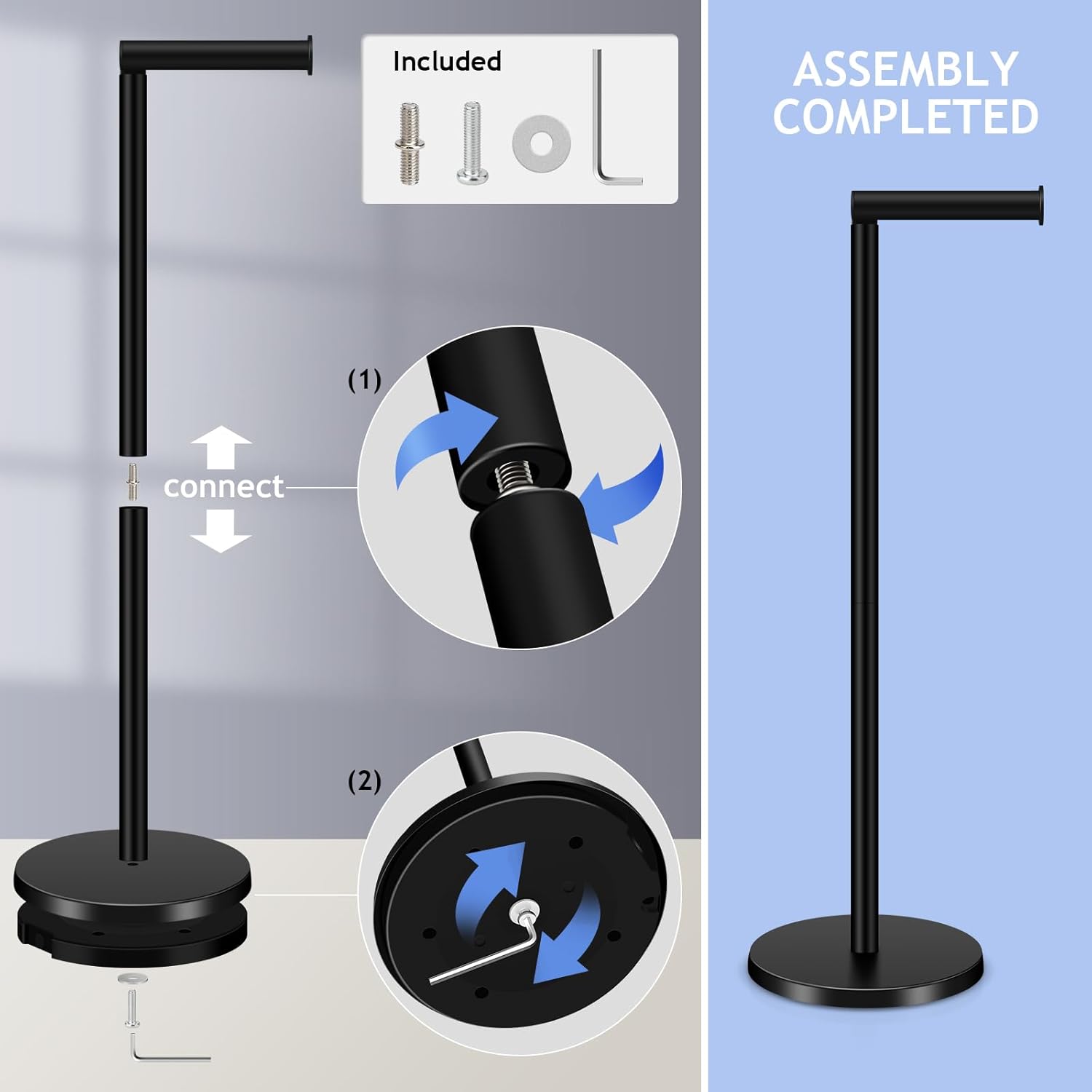 TACGEA Toilet Paper Holder Stand - Stainless Steel Free-Standing Design | Holds 4 Rolls - Black Set of 2