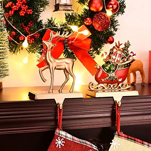 Set of 2 Christmas Stocking Holders with Reindeer & Sled Car Design for Fireplace Mantel Decor