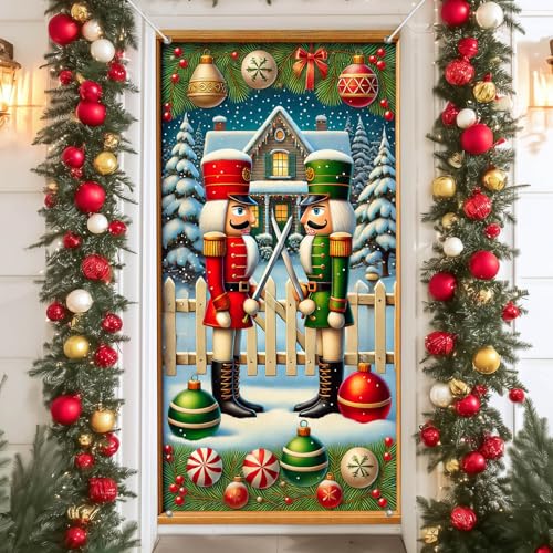Nutcracker Twins Christmas Door Cover Banner 71x35 Inch - Holiday Decor