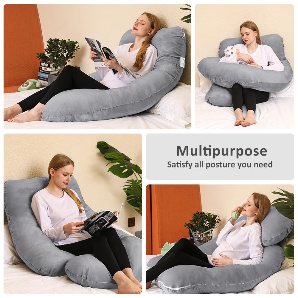 Chilling Home Memory Foam Pregnancy Pillow, J Shape Pregnancy Pillows for Sleeping, Body Pillow for Adults, Maternity Pillow for Pregnant Women, with Velvet Removable Cover, Light Grey