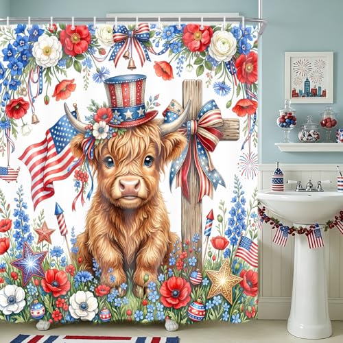 Torich 4th of July Highland Cow Patriotic Shower Curtain 72x72 Inch, Waterproof American Flag Farmhouse Bathroom Decor, Hooks Included