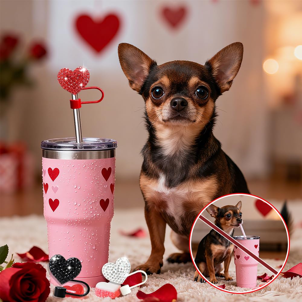 BAISDY 6pcs Bling Hearts Straw Topper for Stanley Cup, Assorted 3 Color Valentine's Day Straw Covers Cap