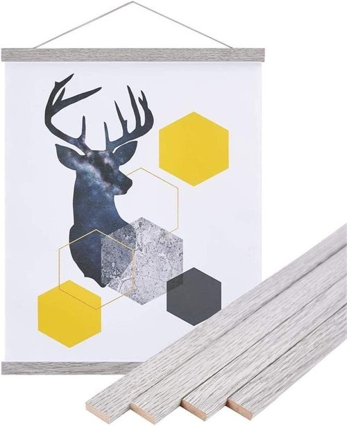 Benjia Magnetic Poster Hanger - 23" Wooden Frame for Canvas & Artwork | Grey Dowel Hanging Kit