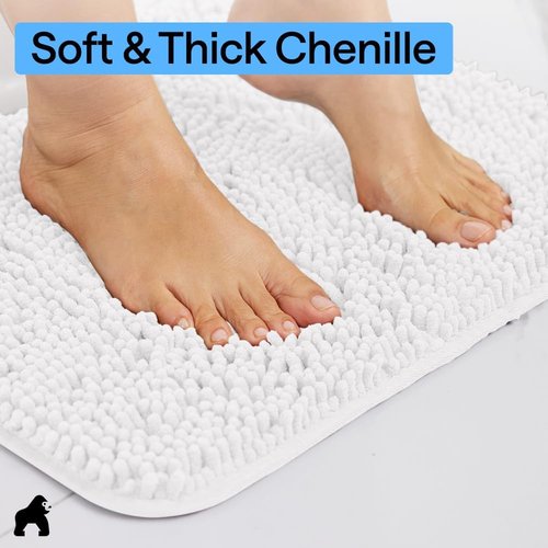 GORILLA GRIP Plush Chenille Bath Rug Mat - Soft, Absorbent & Machine Washable | White, Square Toilet Base