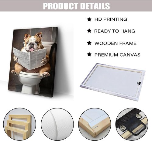 CCWACPP Bulldog Bathroom Wall Art - Funny Animal Canvas Print Reading Newspaper | Framed 12" x 18"