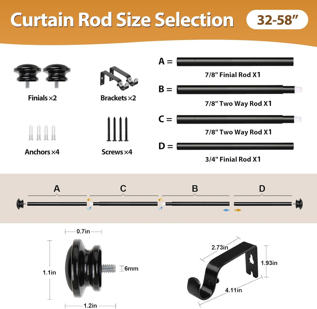 TONIAL Curtain Rod - Telescoping 3/4" Drapery Rod for Windows 20-53 Inch | Black Finish, Decorative Design