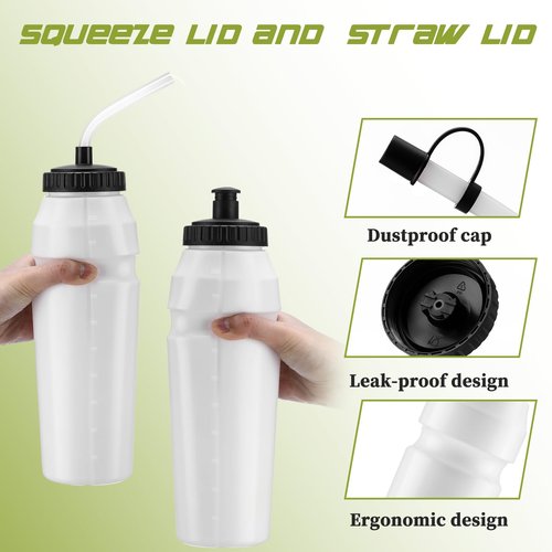 Nuenen 10 Pcs 1 Liter Sports Water Bottle with 2 Lids (Straw and Squeeze),34 oz Squirt Water Bottle with Pull Top Cap for Adults Hockey, football, Lacrosse & Boxing