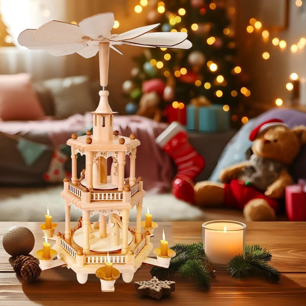 Rotating Christmas Pyramids | 17-Inch Wooden Nativity Scene with 6 Candle Holders & 3 Tiers