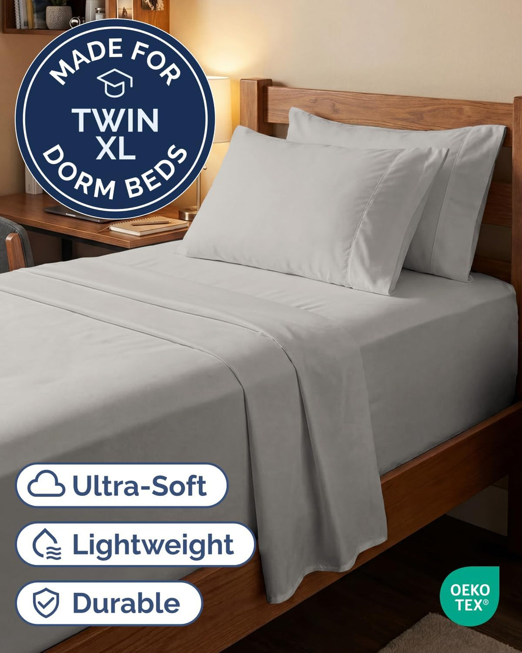 Skiennix Extra Deep Twin XL Sheet Set - 4-Piece Breathable Cooling Bedding - Soft, Wrinkle-Free French Grey