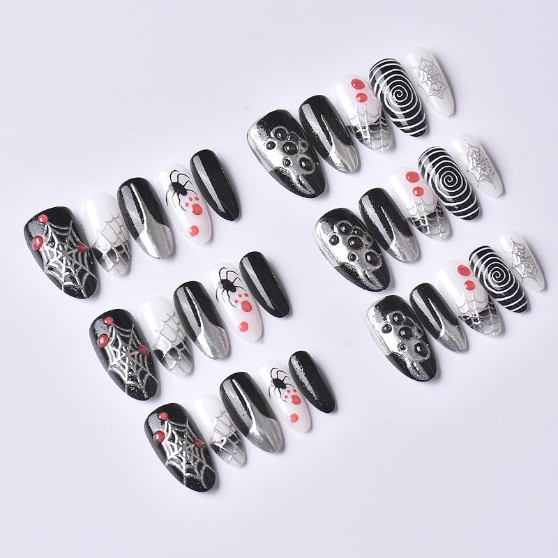 UEYRSEDB Halloween Black Press on Nails Medium Almond Gothic French Tip Fake Nails with Spider Web Design