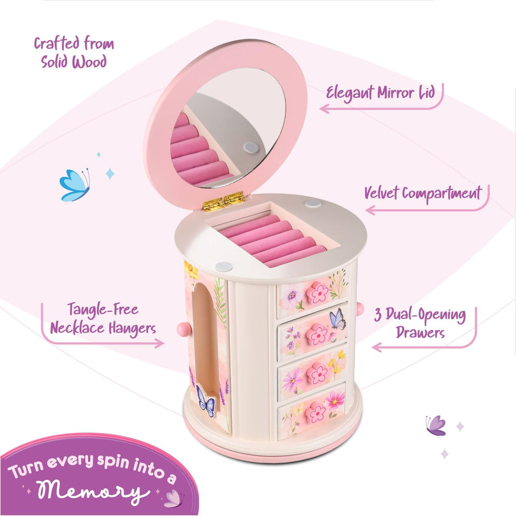 Tiny Gem - Spinning Jewelry Box for Girls Ages 2-18; Little Girl and Toddler Birthday and Christmas Gift; Flower and Butterfly White and Pink Wood Jewelry Box and Organizer; Room Decor for Accessories