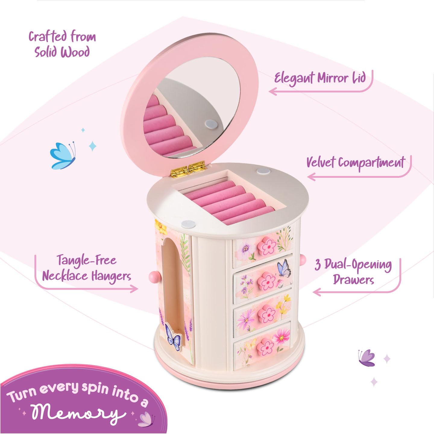 Tiny Gem - Spinning Jewelry Box for Girls Ages 2-18; Little Girl and Toddler Birthday and Christmas Gift; Flower and Butterfly White and Pink Wood Jewelry Box and Organizer; Room Decor for Accessories