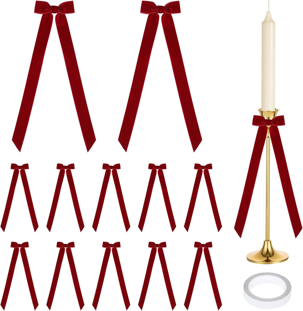 Regine Switzerland 12Pcs Red Velvet Christmas Candlestick Bows - 13 Inch Self-Adhesive Decor for Weddings & Parties