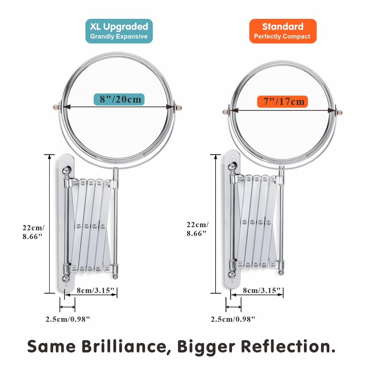 Welllink 8Inch XL Wall Mounted Bathroom Mirror, 1X/7X Magnification, High-Definition Glass, Chrome Finish, Space Saving Design