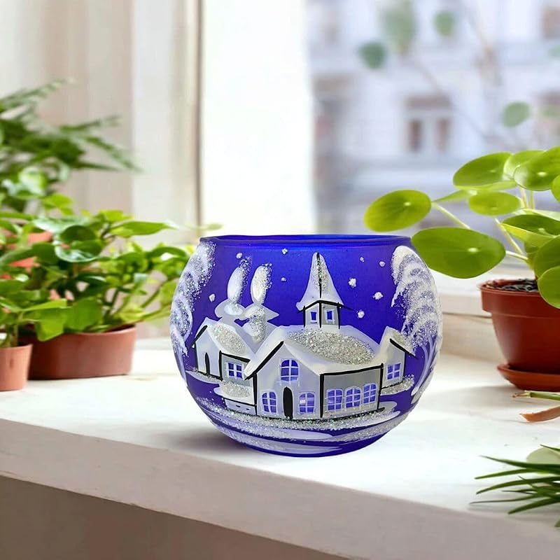 Christmas Tea Light Candle Holder Glass - Hand Painted Mouth Blown Glass, Blue, Medium - Decorvo