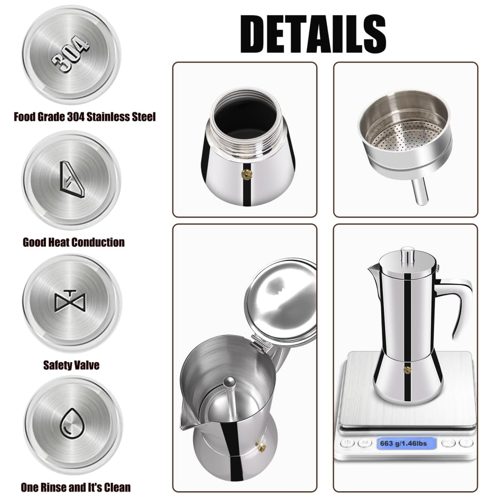 DITOSH 4 Cup Thickened 304 Stainless Steel Moka Pot Stovetop Espresso Maker Cafeteras Italian Percolator Espress Makers Capable Greca Mocha Coffee Machine for Induction Home and Camping 200ml 6.6oz