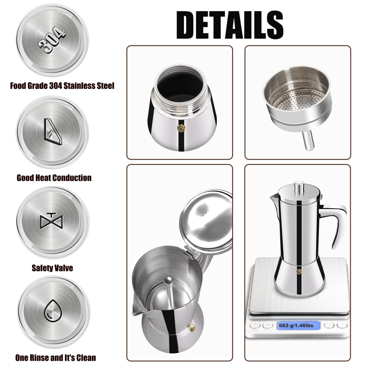 DITOSH 4 Cup Thickened 304 Stainless Steel Moka Pot Stovetop Espresso Maker Cafeteras Italian Percolator Espress Makers Capable Greca Mocha Coffee Machine for Induction Home and Camping 200ml 6.6oz