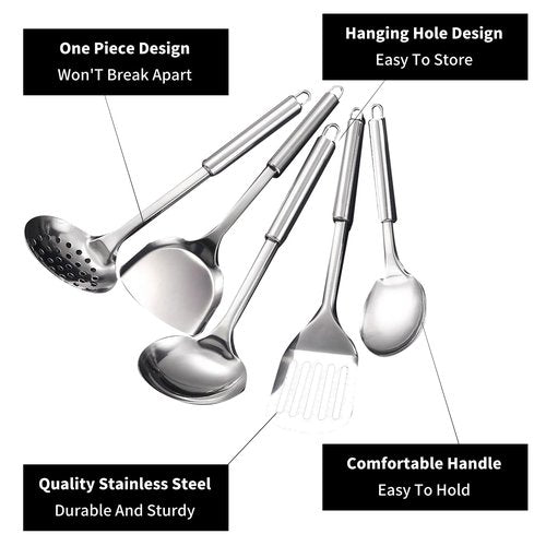DYAYGPRGP Stainless Steel Cooking Utensils Set, 5 Pcs Stainless Steel Kitchen Utensils Set, Wok Utensils Set Include Wok Ladle, Slotted Spoon, Soup, Wok Spatula and Slotted Spatula