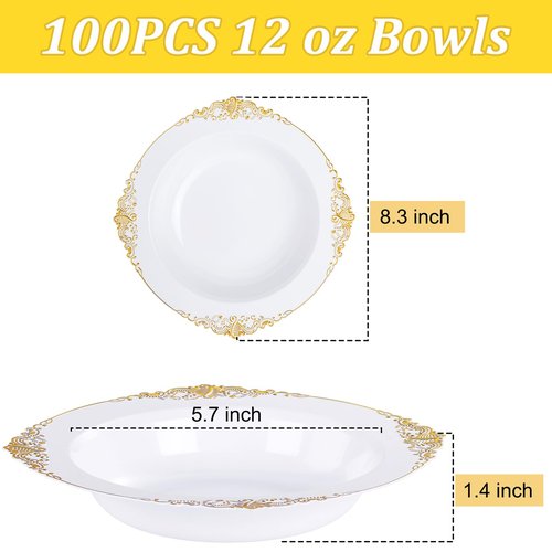 Joyido 100PCS Gold Plastic Bowls - 12 oz White Disposable Salad Bowls - Heavy Duty Soup Serving Bowl - Fancy Plastic Ice Cream Bowl for Parties, Dinners, Catering, Picnics