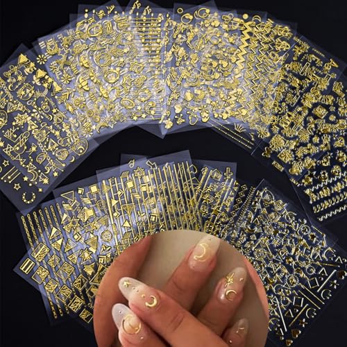 IDDFEVE Gold Moon Star Nail Stickers - 30 Sheets Self-Adhesive 3D Decals