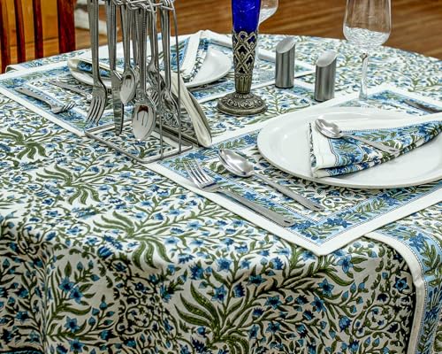 Woodland 110 Inch Round Hand Block Printed Cotton Tablecloth - Blue & White Floral