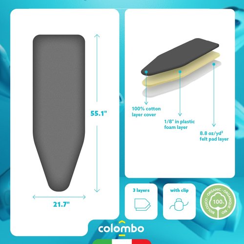 Colombo Perlate Ironing Board Cover 55.1” x 21.7” (Fits Boards Up to 51.2” x 17.7”) – Extra Large Replacement Pad with Metallized Cotton, Felt & Foam Layers, Includes Clip, Made in Italy