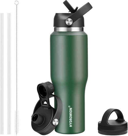 HYDROWION Insulated Water Bottle - 32oz with Straw Lid & Flex Cap | Leakproof Travel Mug in Olive