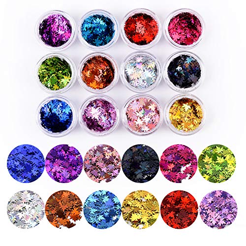 MEILINDS 3D Fall Maple Leaf Nail Art Sequins 12 Colors Holographic Glitter