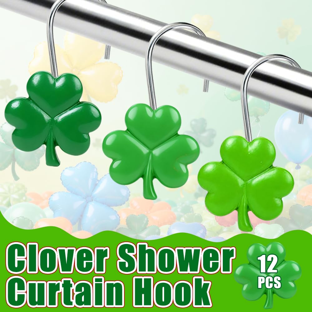 BAISDY 12pcs St Patricks Day Shower Curtain Hooks Irish Shamrock Curtain Rod Rings Curtain Hanger Hooks