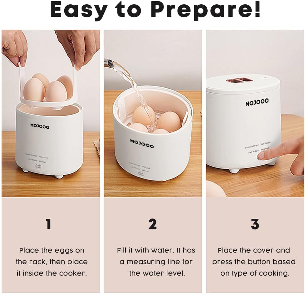 Mojoco Rapid Egg Cooker - Electric Mini Egg Maker for Steamed, Hard & Soft Boiled Eggs - Auto Shut Off & Alarm