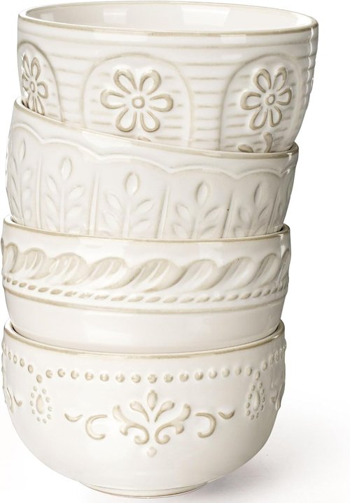 Artena Ceramic Dessert Bowls Set of 4 - 12 oz Embossed White Bowls for Ice Cream & Cereal | Microwave & Dishwasher Safe