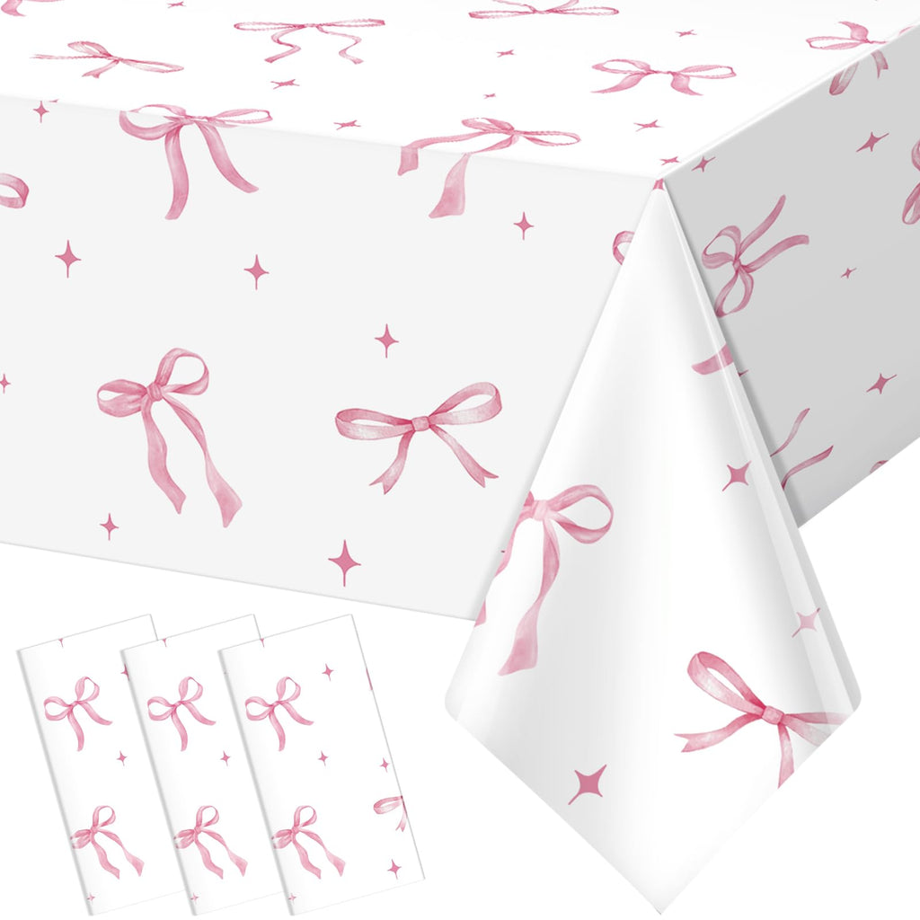 KEASKELL 3Pcs Coquette Party Tablecloths Decorations,Pink Bow Plastic Table Cover Disposable Rectangle Table Cloth for Girls Birthday Bridal Wedding Party Supplies,54x108 Inch