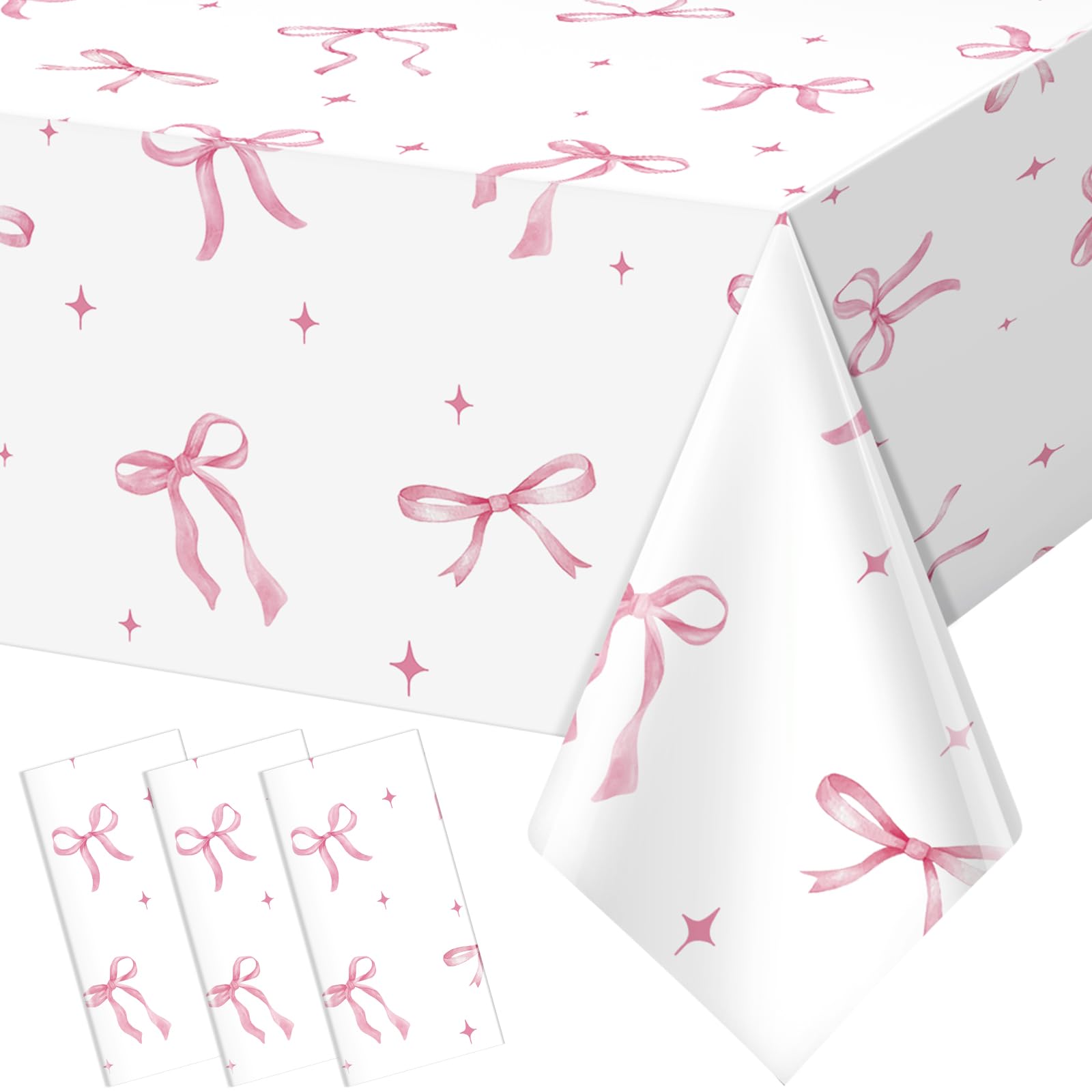 KEASKELL 3Pcs Coquette Party Tablecloths Decorations,Pink Bow Plastic Table Cover Disposable Rectangle Table Cloth for Girls Birthday Bridal Wedding Party Supplies,54x108 Inch