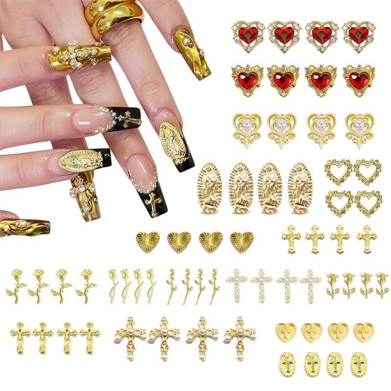 64pcs Gold Nail Charms Set Y2K 3D Chrome Nail Art Decorations