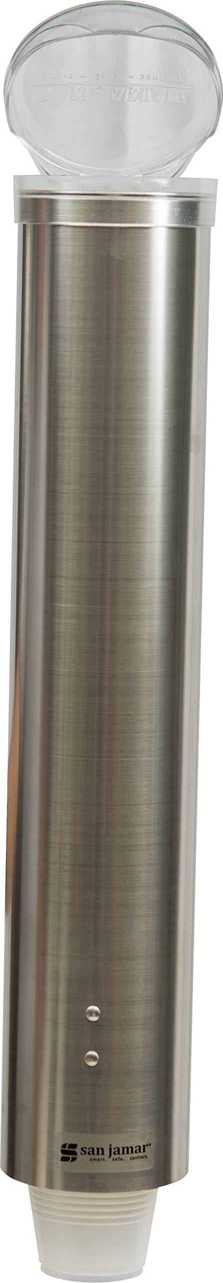 San Jamar Small Pull-Type Cup Dispenser Fits 3-4.5 Oz Cone Cups, 3-5 Oz Flat Cups with Flip Caps for Restaurants, Dining Halls, and Fast Food, Stainless Steel, 16 Inches, Silver