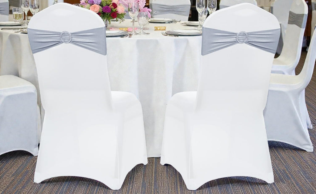 MDS Spandex Foil Chair Sashes - Universal Elastic Stretch Bands with Buckle for Weddings | Metallic Silver, Pack of 50