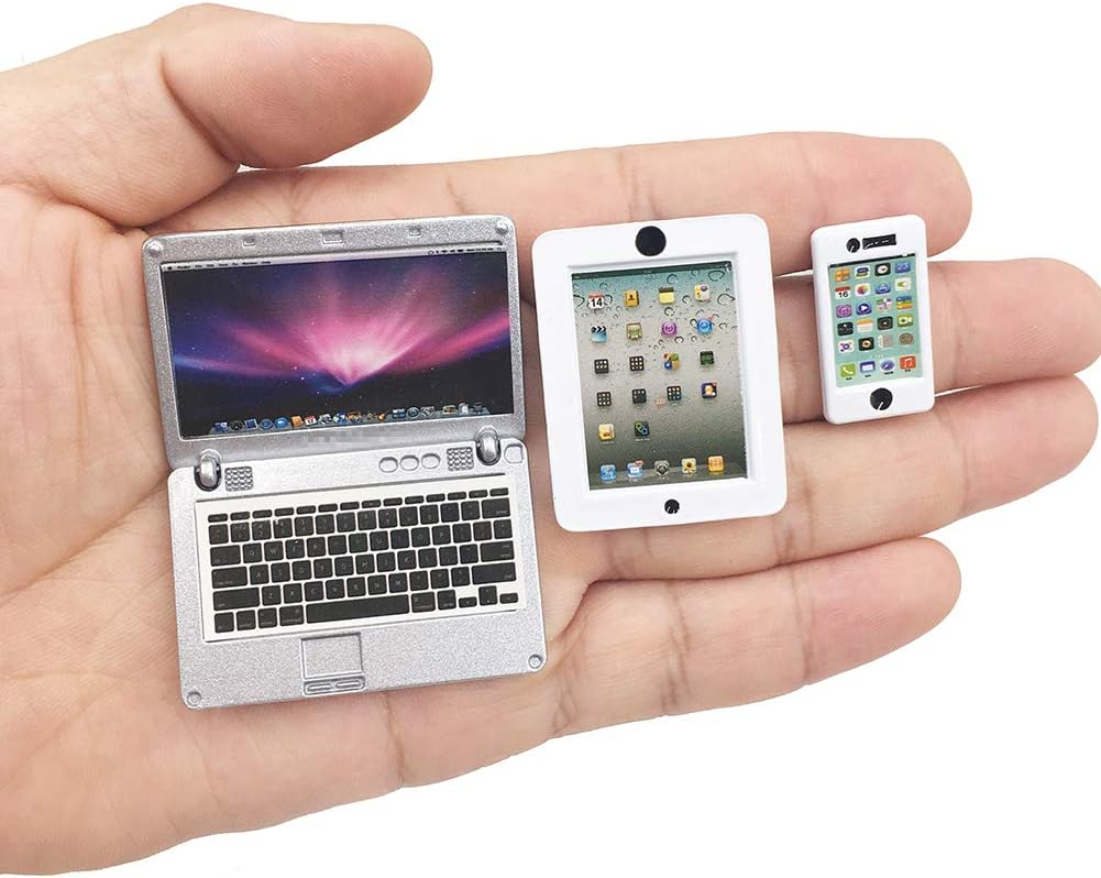 Skiennix Mini Laptop & Tablet Set - 3 Pack Dollhouse Computer Accessories for 1/6 & 1/12 Scale Silver